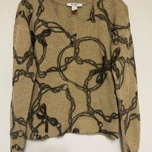 White House Black Market V-Neck Sweater with Black Chain Design